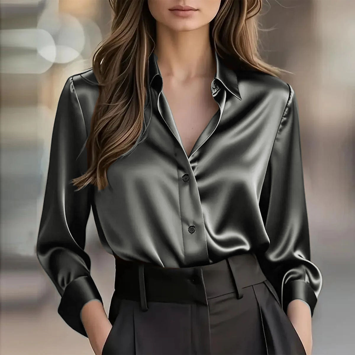 Women's Satin Button-Down Blouse with Long Sleeves