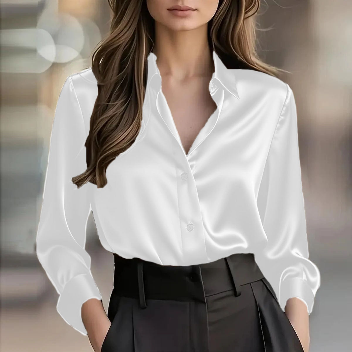 Women's Satin Button-Down Blouse with Long Sleeves