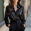 Women's Satin Button-Down Blouse with Long Sleeves