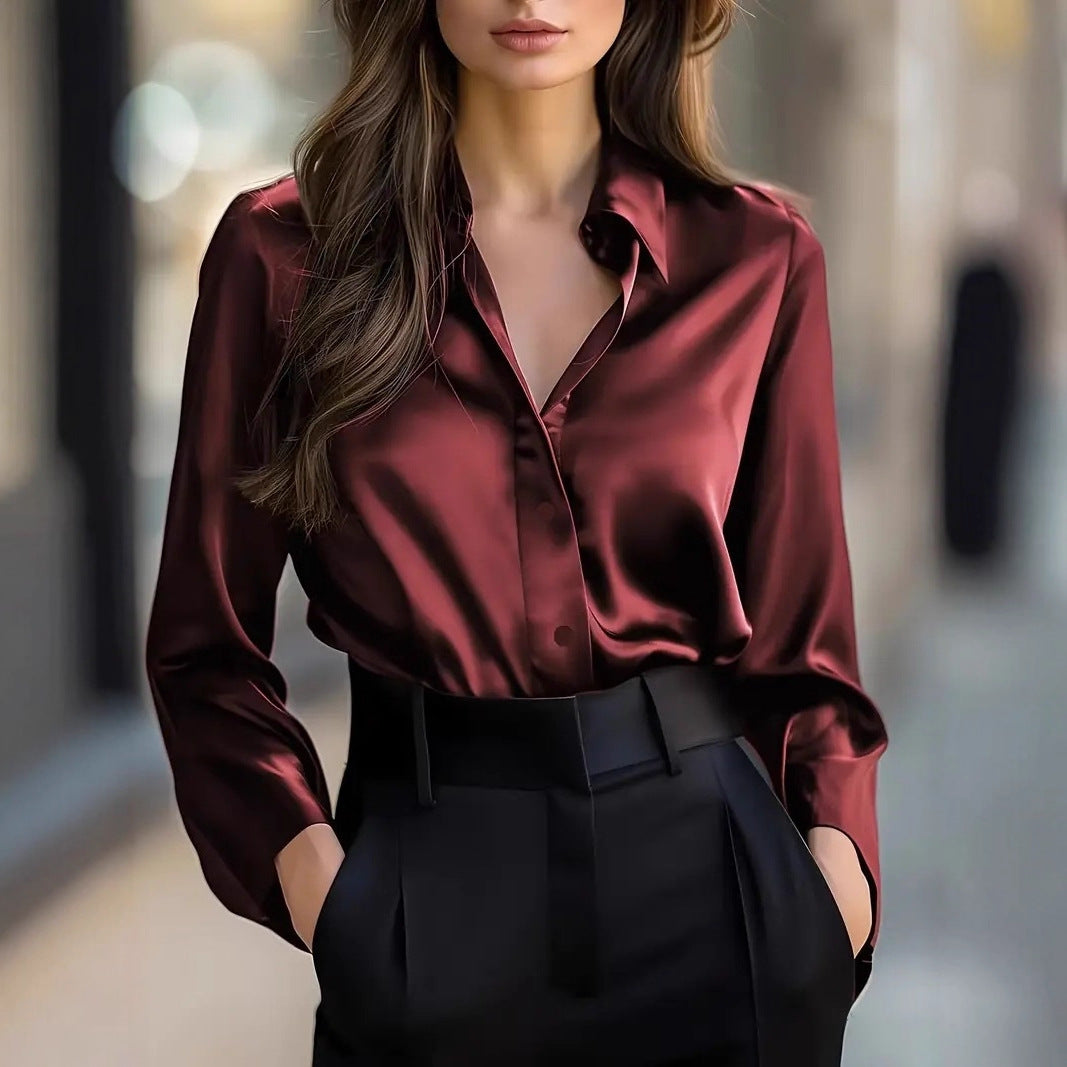 Women's Satin Button-Down Blouse with Long Sleeves
