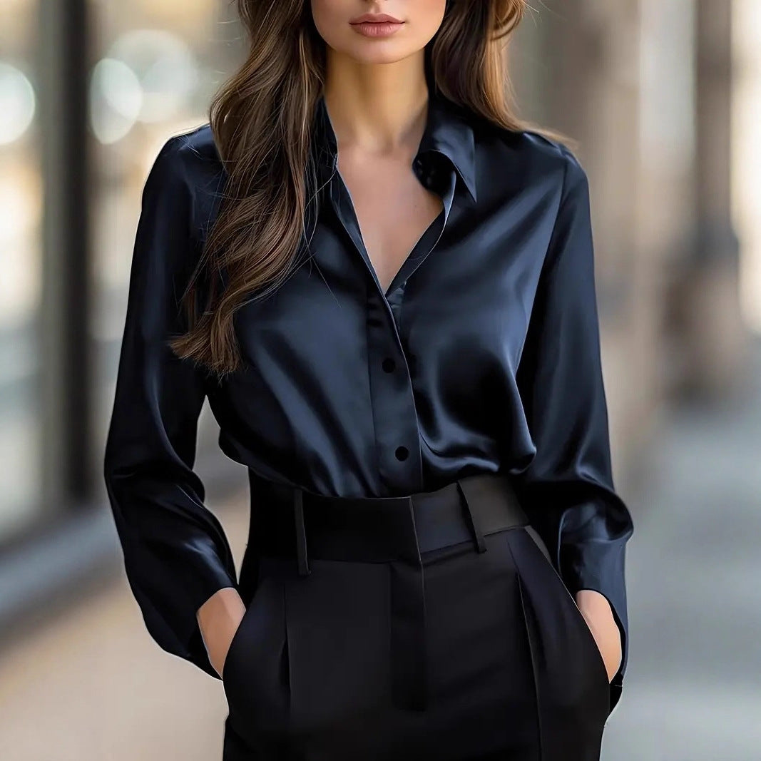Women's Satin Button-Down Blouse with Long Sleeves