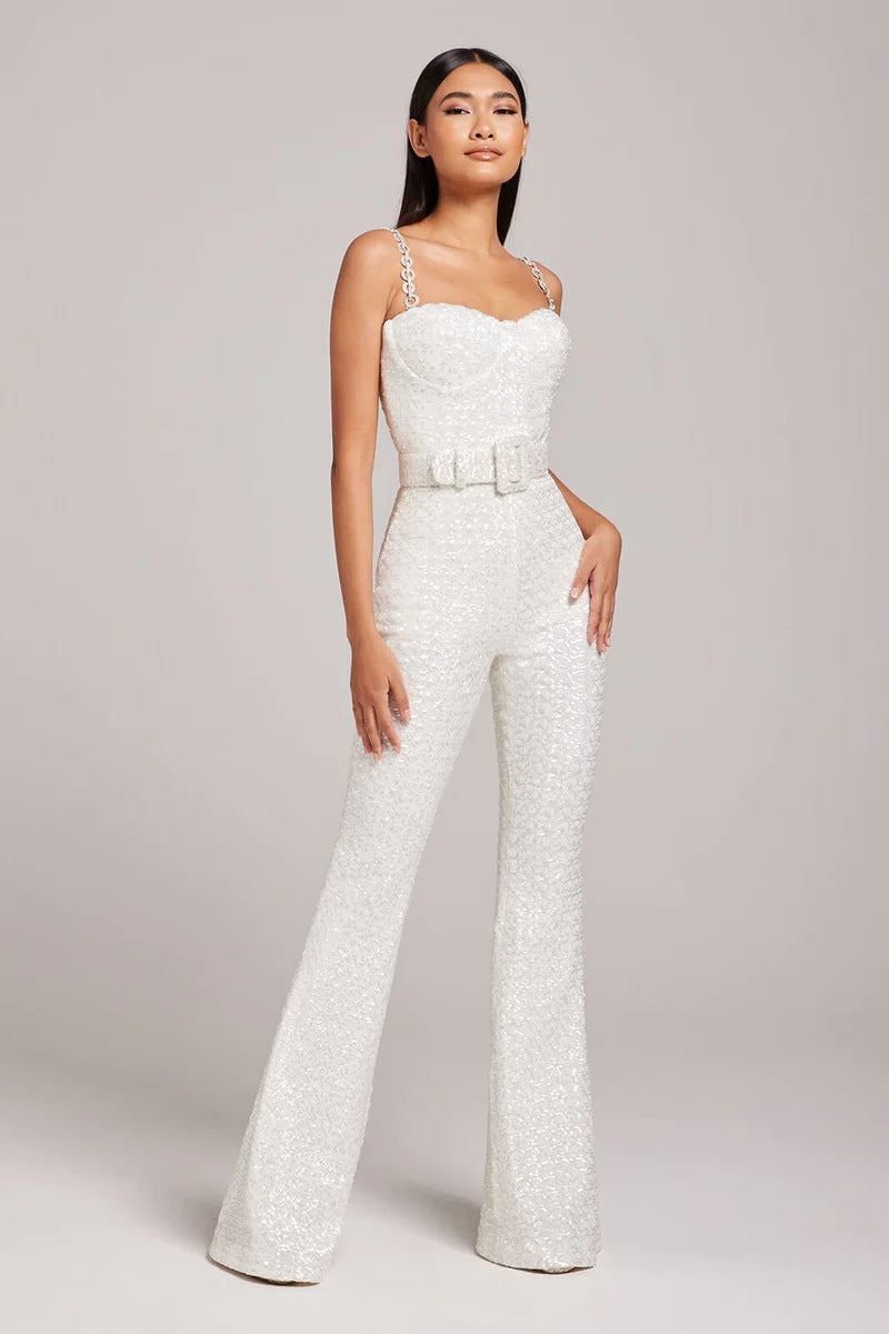 Women's Sequined Wide-Leg Jumpsuit with Spaghetti Straps