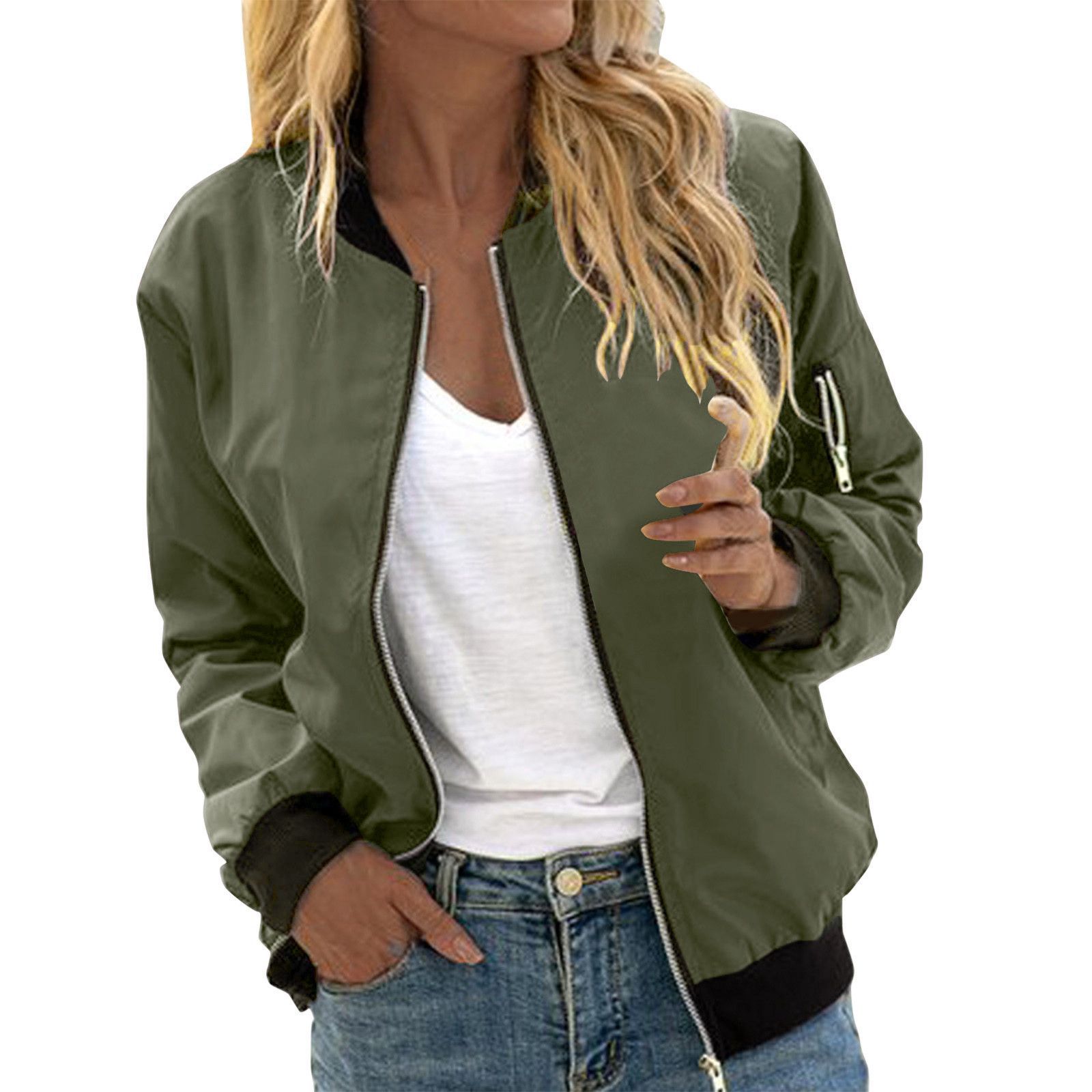 Women's Woven Bomber Jacket with Ribbed Collar