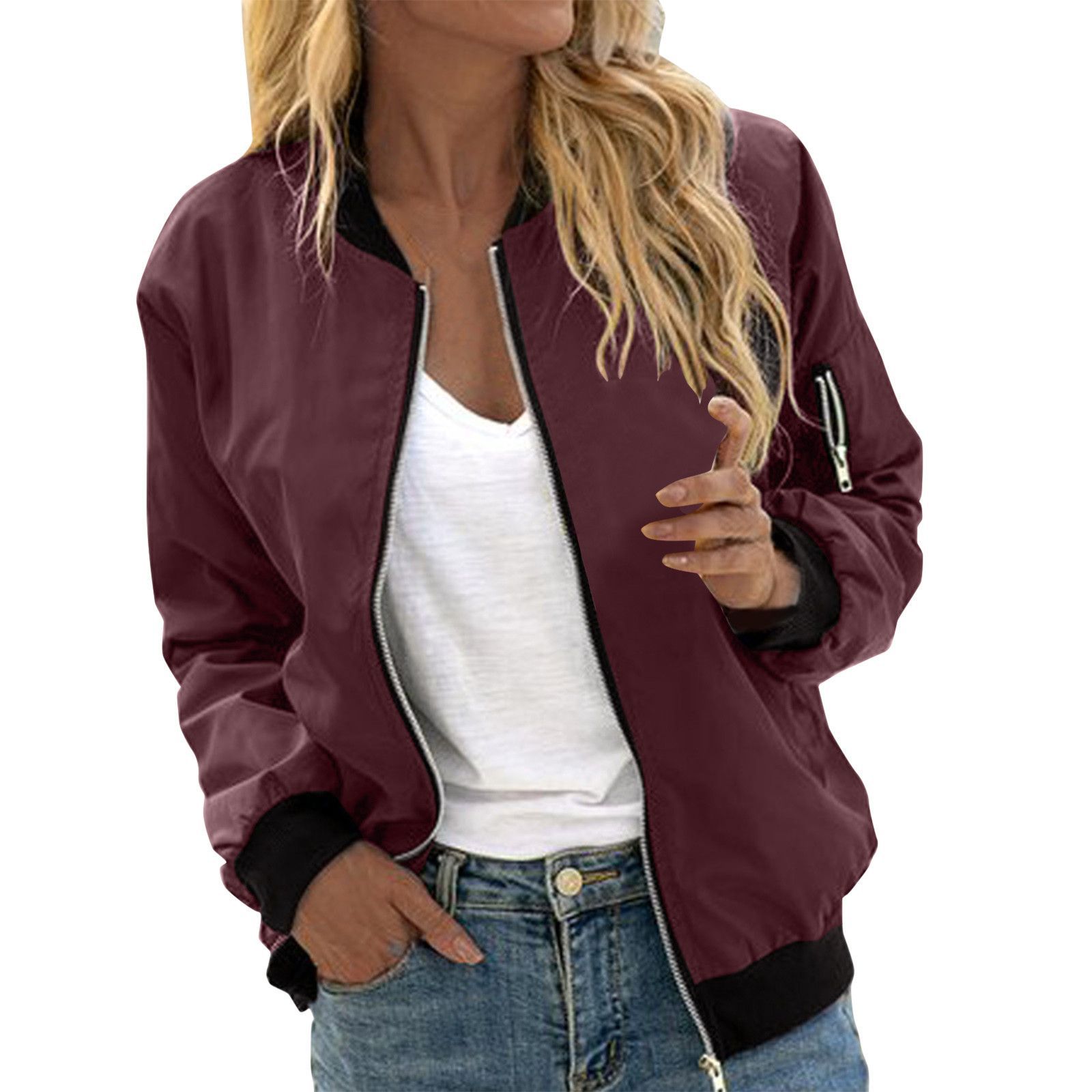 Women's Woven Bomber Jacket with Ribbed Collar