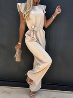 Women's Woven Wide-Leg Jumpsuit with Self-Tie Belt