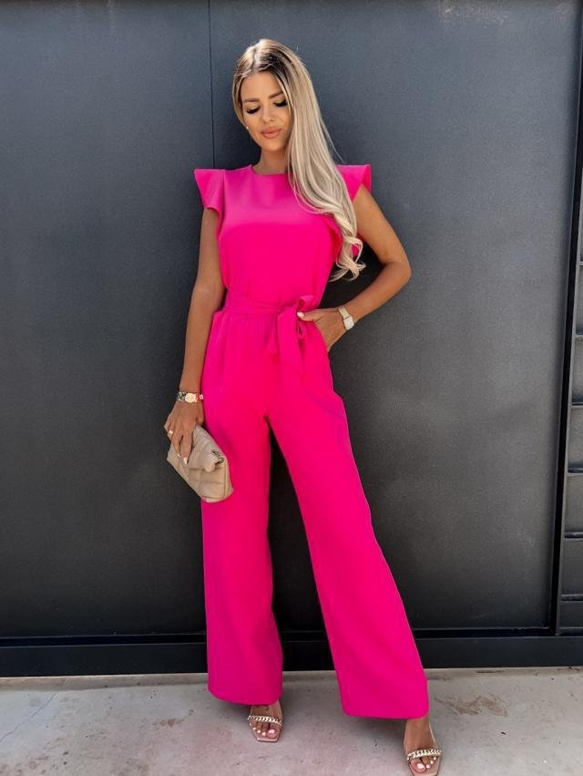 Women's Woven Wide-Leg Jumpsuit with Self-Tie Belt