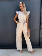 Women's Woven Wide-Leg Jumpsuit with Self-Tie Belt