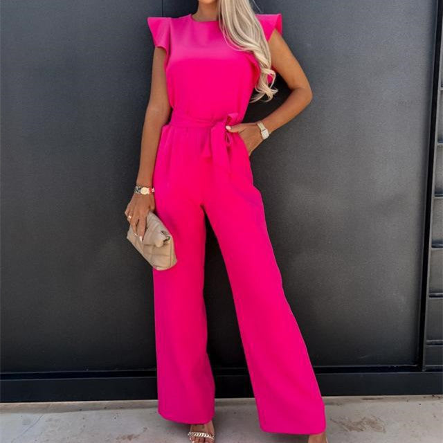 Women's Woven Wide-Leg Jumpsuit with Self-Tie Belt