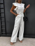 Women's Woven Wide-Leg Jumpsuit with Self-Tie Belt