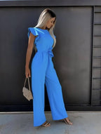 Women's Woven Wide-Leg Jumpsuit with Self-Tie Belt