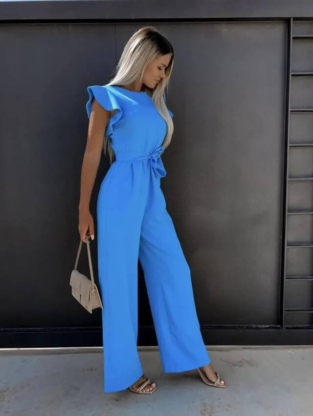 Women's Woven Wide-Leg Jumpsuit with Self-Tie Belt