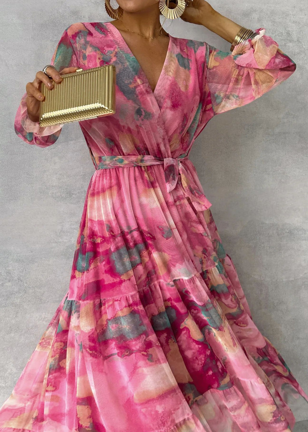 Women's Wrap Chiffon Maxi Dress with Tiered Skirt