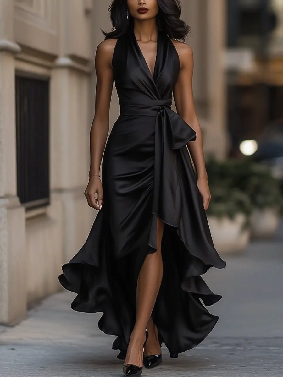 Women's Satin Maxi Dress with Halter Neck