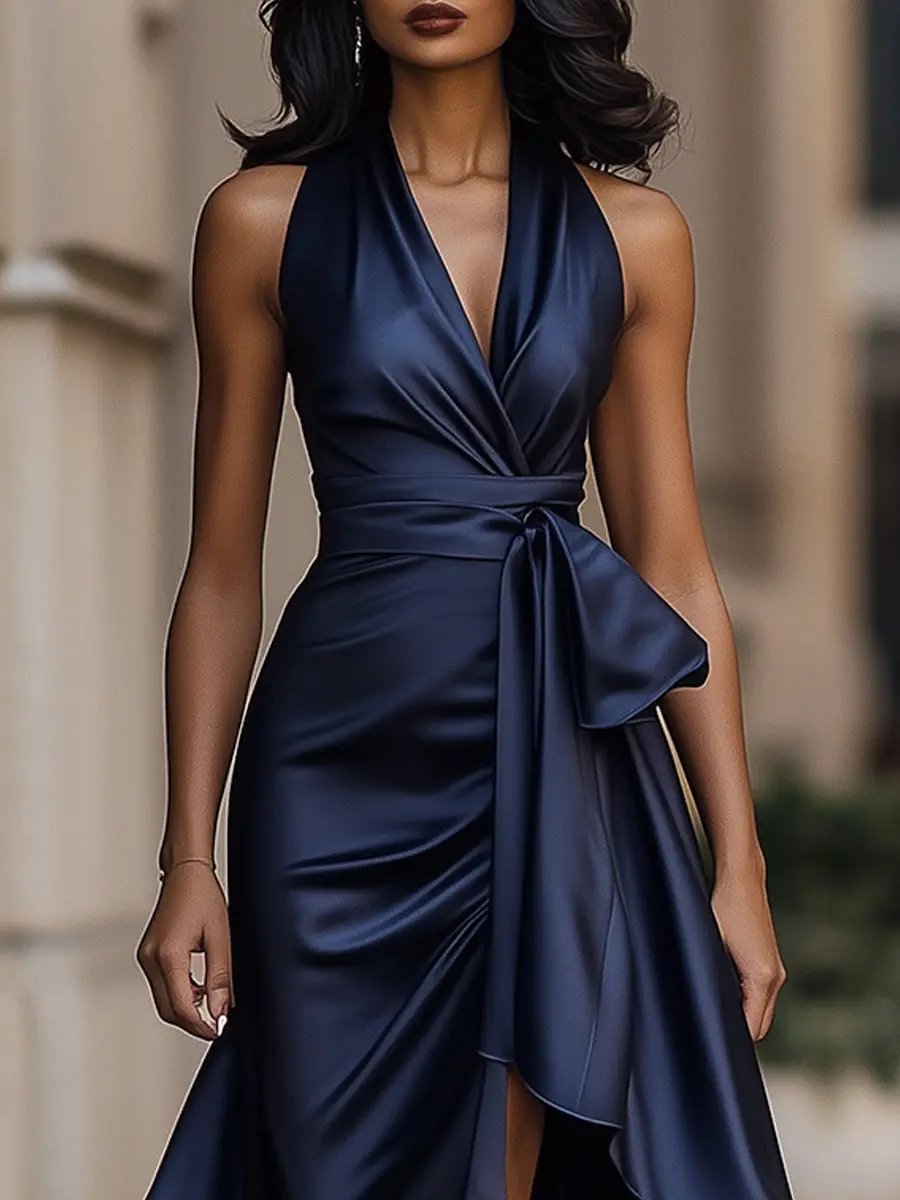 Women's Satin Maxi Dress with Halter Neck