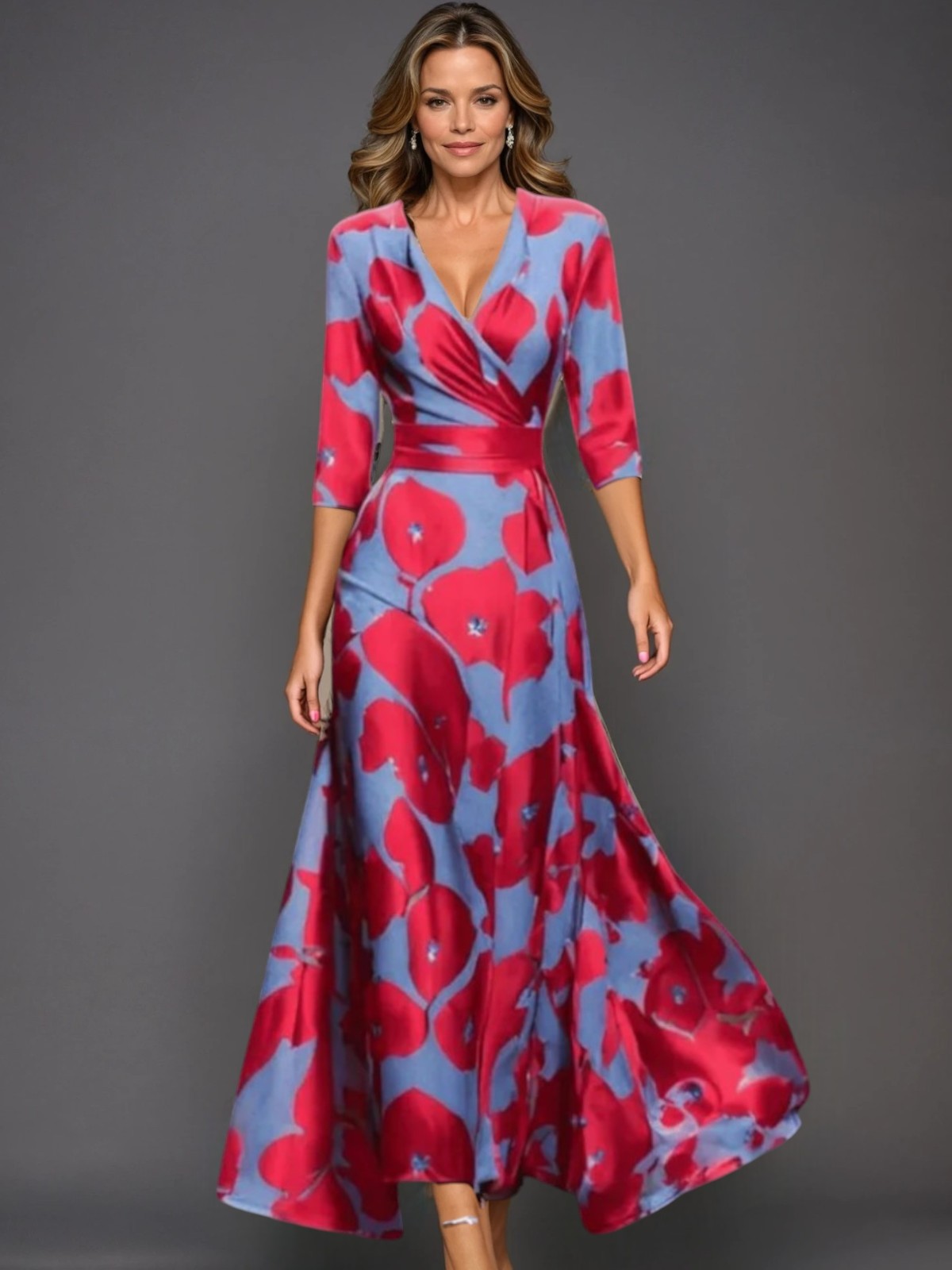 Women's Wrap Satin Maxi Dress with V-Neck