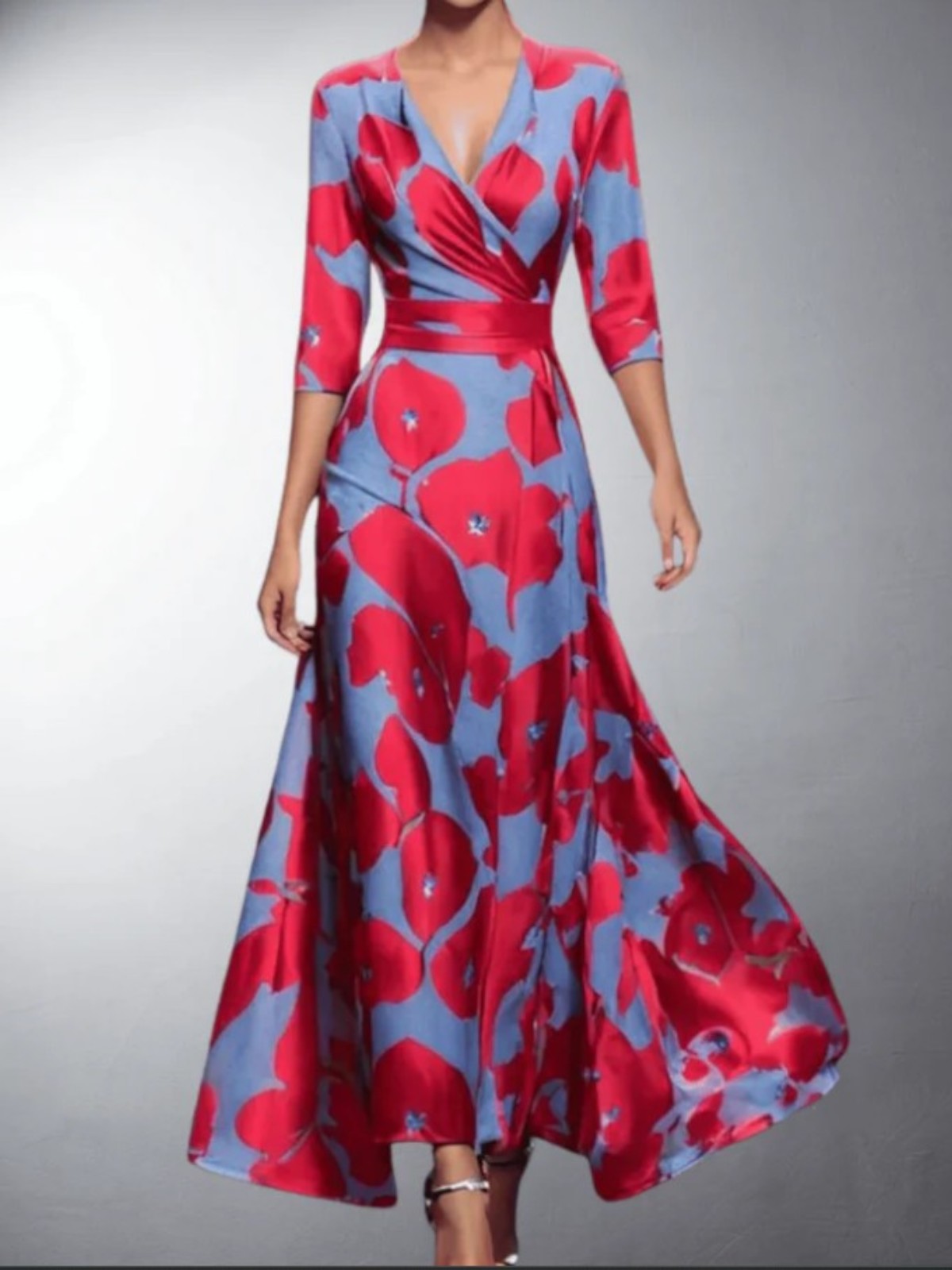 Women's Wrap Satin Maxi Dress with V-Neck