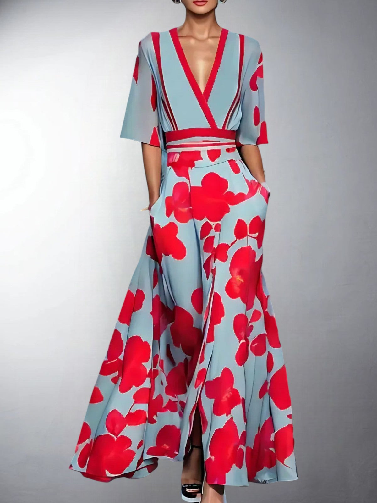 Women's Wrap Satin Maxi Dress with V-Neck