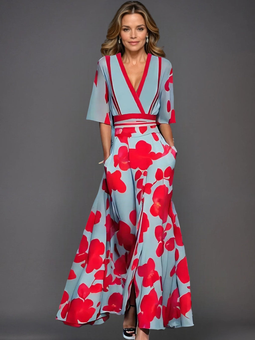 Women's Wrap Satin Maxi Dress with V-Neck