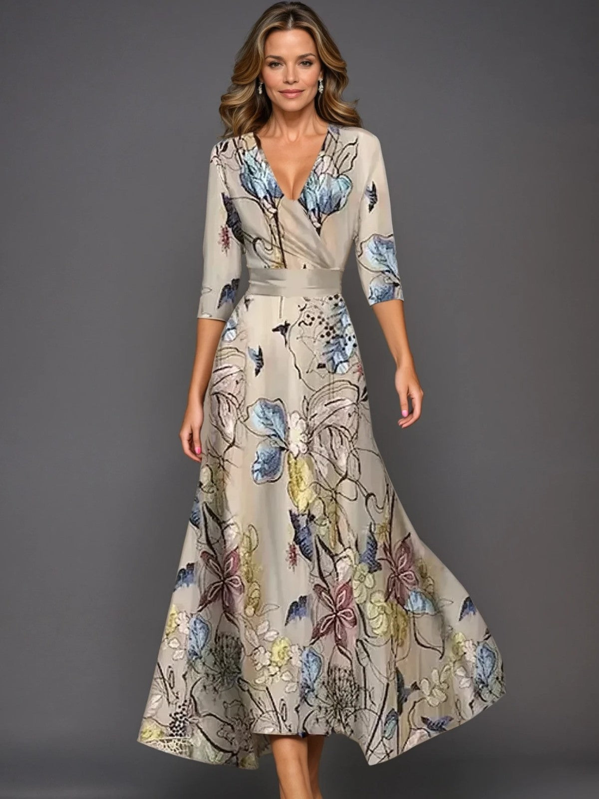 Women's Wrap Satin Maxi Dress with V-Neck
