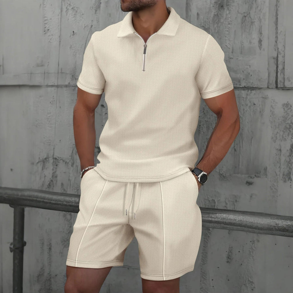 Men's Modern Polo and Shorts Set with Zip Neck