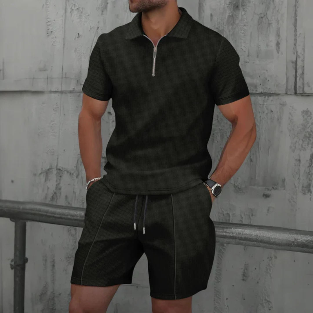 Men's Modern Polo and Shorts Set with Zip Neck