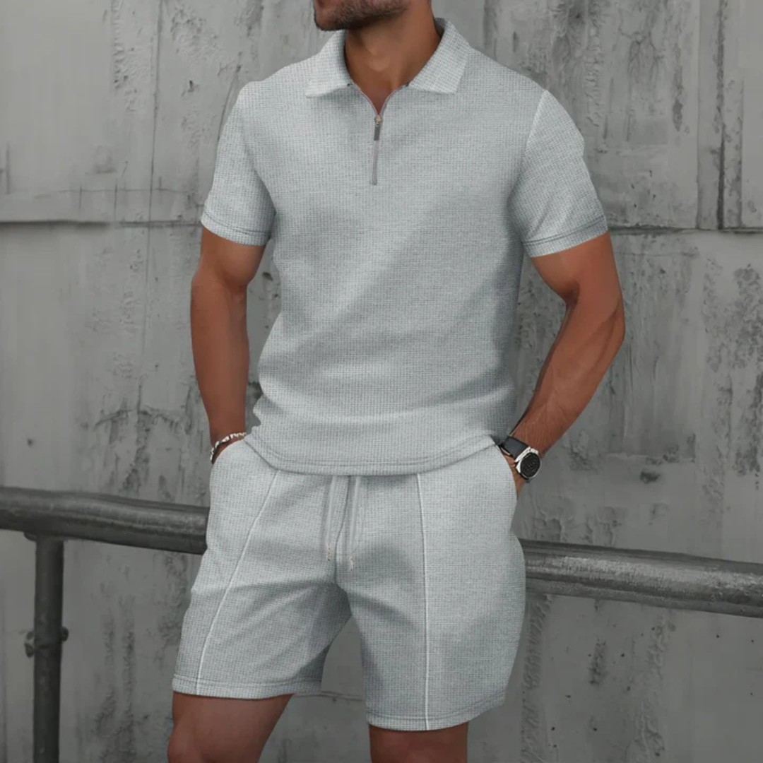 Men's Modern Polo and Shorts Set with Zip Neck