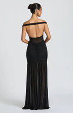 Black Mesh Maxi Dress with Bardot Neckline and Split Hem
