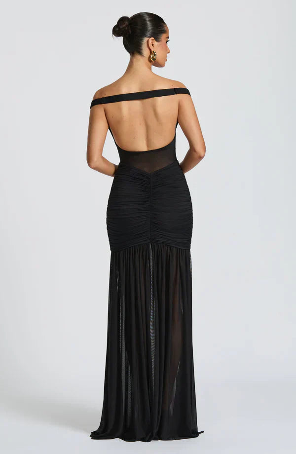 Black Mesh Maxi Dress with Bardot Neckline and Split Hem
