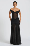 Black Mesh Maxi Dress with Bardot Neckline and Split Hem