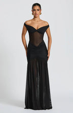 Black Mesh Maxi Dress with Bardot Neckline and Split Hem