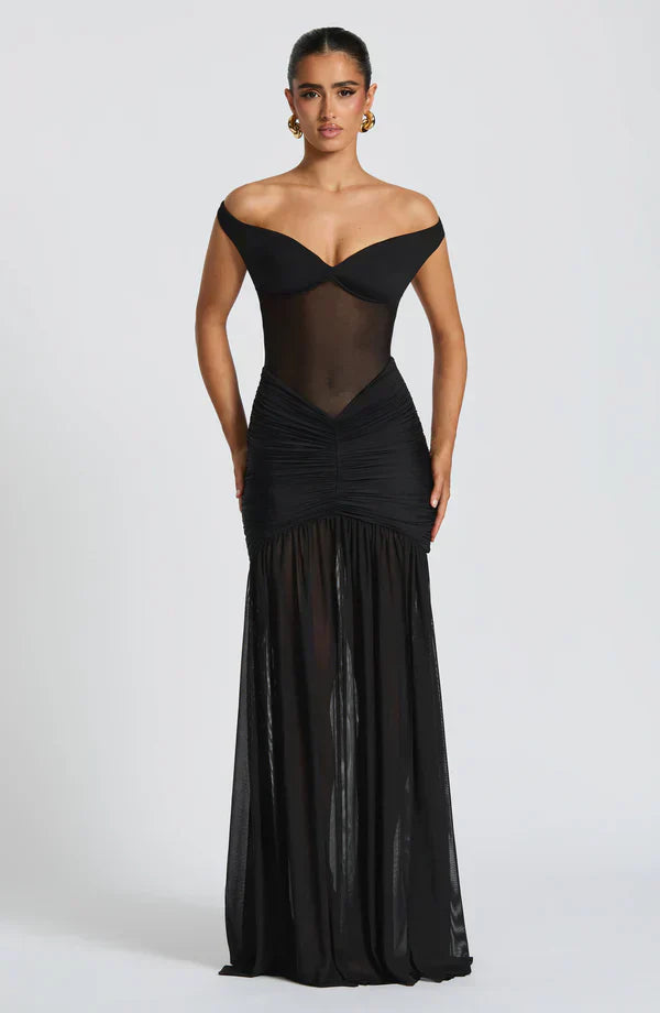 Black Mesh Maxi Dress with Bardot Neckline and Split Hem