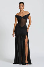 Black Mesh Maxi Dress with Bardot Neckline and Split Hem
