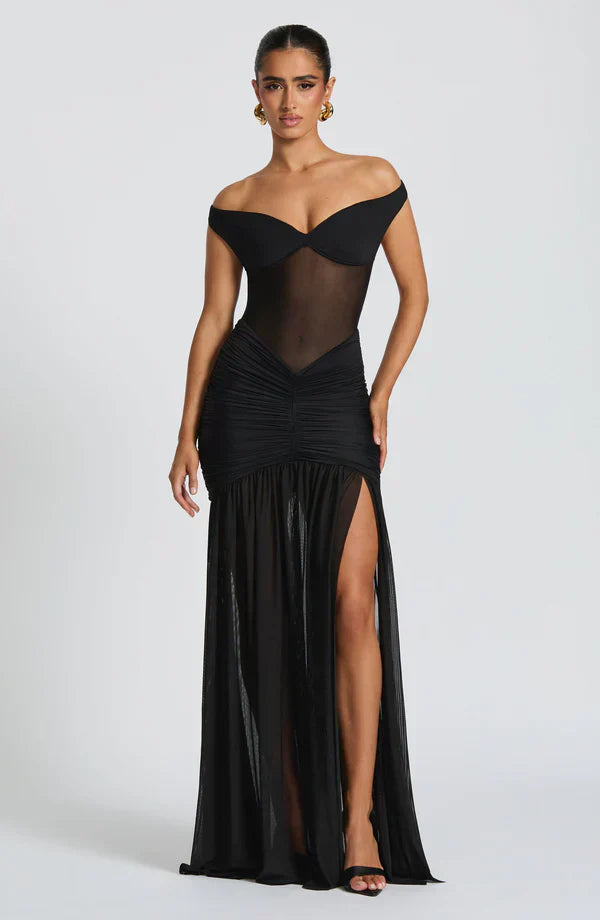 Black Mesh Maxi Dress with Bardot Neckline and Split Hem