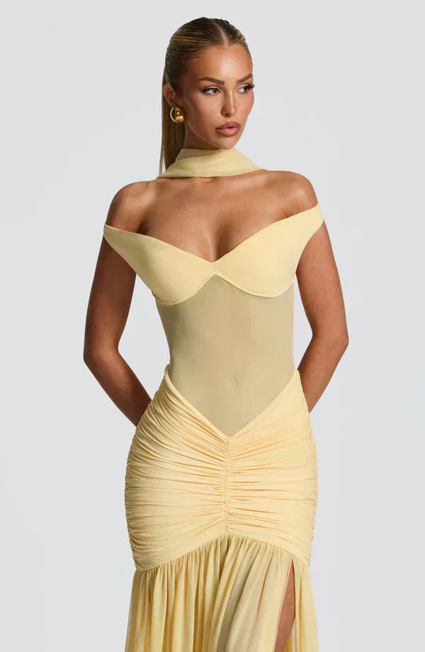Yellow Mesh Maxi Dress with Bardot Neckline and Split Hem