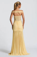 Yellow Mesh Maxi Dress with Bardot Neckline and Split Hem