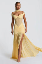 Yellow Mesh Maxi Dress with Bardot Neckline and Split Hem