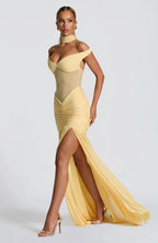 Yellow Mesh Maxi Dress with Bardot Neckline and Split Hem