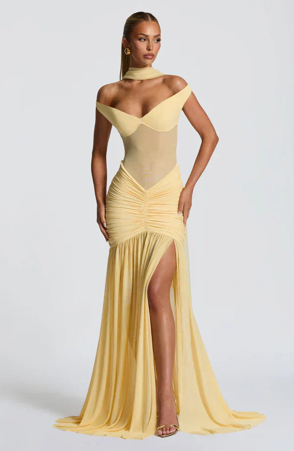 Yellow Mesh Maxi Dress with Bardot Neckline and Split Hem