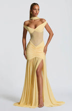 Yellow Mesh Maxi Dress with Bardot Neckline and Split Hem
