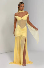 Yellow Mesh Maxi Dress with Bardot Neckline and Split Hem