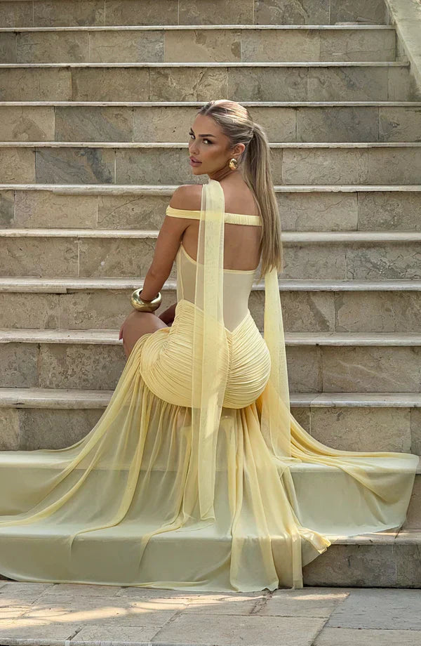 Yellow Mesh Maxi Dress with Bardot Neckline and Split Hem