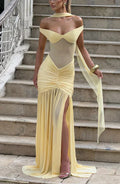 Yellow Mesh Maxi Dress with Bardot Neckline and Split Hem