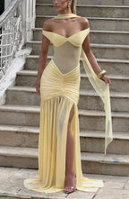 Yellow Mesh Maxi Dress with Bardot Neckline and Split Hem
