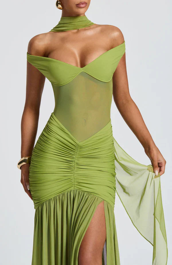 Green Mesh Maxi Dress with Bardot Neckline and Split Hem