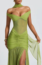 Green Mesh Maxi Dress with Bardot Neckline and Split Hem