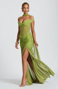 Green Mesh Maxi Dress with Bardot Neckline and Split Hem