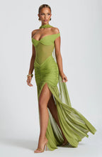 Green Mesh Maxi Dress with Bardot Neckline and Split Hem
