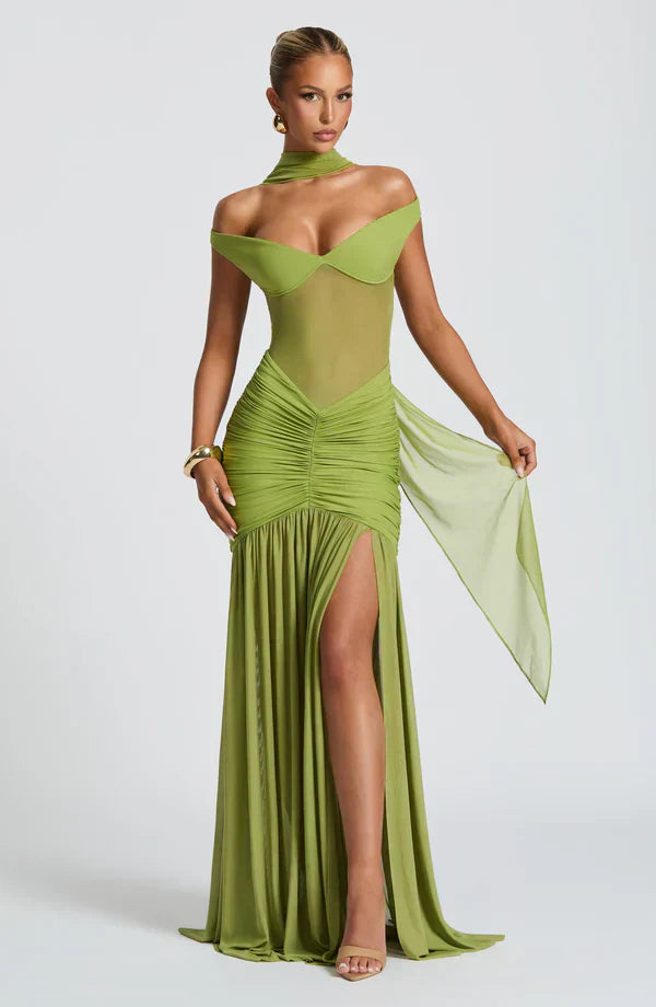 Green Mesh Maxi Dress with Bardot Neckline and Split Hem