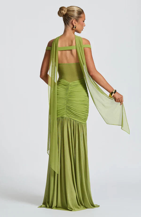 Green Mesh Maxi Dress with Bardot Neckline and Split Hem