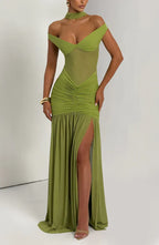 Green Mesh Maxi Dress with Bardot Neckline and Split Hem